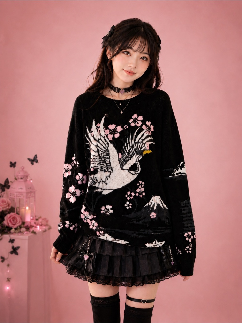 Japanese Crane Cherry Blossom Sweater Oversized Knit Dark Academia Pullover